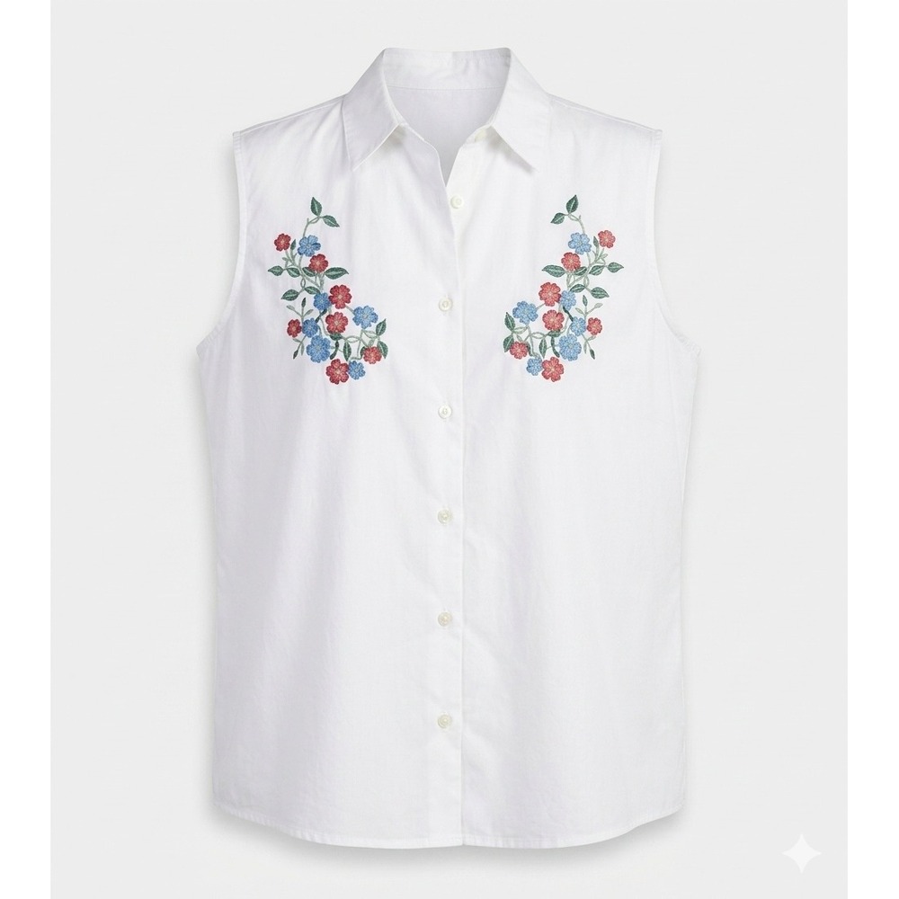 Sharp Eye Womens White Cotton Sleeveless Floral Embroidery Button Up Shirt L New